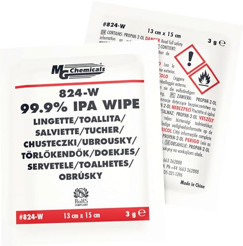 MG Chemicals 99,9 % Isopropylalkohol-Reinigungstücher, ca. 15 cm Länge x 12,5 cm Breite, Karton mit 50 Stück von MG Chemicals