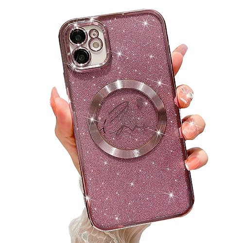 MGQILING Kompatibel mit iPhone 11 Magnetische Glitzer Hülle-6,1 Zoll, Luxus Liebe Herz Muster Beschichtung Transparent Hülle, Kompatibel mit MagSafe für Frauen Mädchen Stoßfeste Rückabdeckung - Rosa von MGQILING