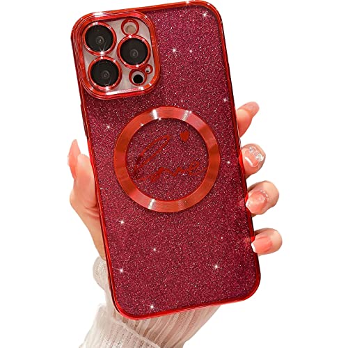 MGQILING Kompatibel mit iPhone 12 Pro Magnetische Glitzer-Hülle, 6,1 Zoll, Luxus Liebe Herz Muster Beschichtung, transparente Hülle, kompatibel mit MagSafe für Frauen Mädchen, stoßfeste Rückseite, Rot von MGQILING