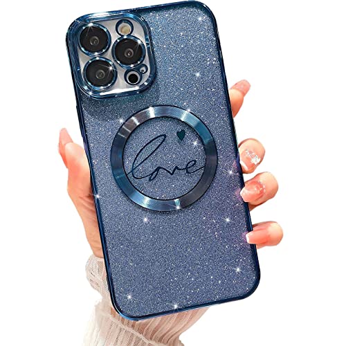 MGQILING Kompatibel mit iPhone 12 Pro Max Magnetische Glitzer Hülle, 6.7 Zoll, Luxus Liebe Herz Muster Plating Bling Clear Case, Kompatibel mit MagSafe für Frauen Mädchen Stoßfeste Rückabdeckung,Blau von MGQILING