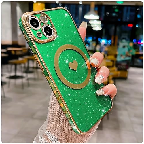 MGQILING Kompatibel mit iPhone 13 Magnetische Glitzer Bling Hülle 6,1 Zoll, Luxus Liebe Herz Muster Beschichtung Hülle, Kompatibel mit MagSafe für Frauen Mädchen Stoßfeste Rückabdeckung-Grün von MGQILING