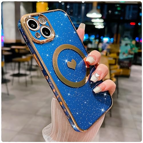 MGQILING Kompatibel mit iPhone 13 Magnetische Glitzer Bling Hülle 6,1 Zoll, Luxus Liebe Herz Muster Plating Hülle, Kompatibel mit MagSafe für Frauen Mädchen Stoßfeste Back Cover-Blau von MGQILING