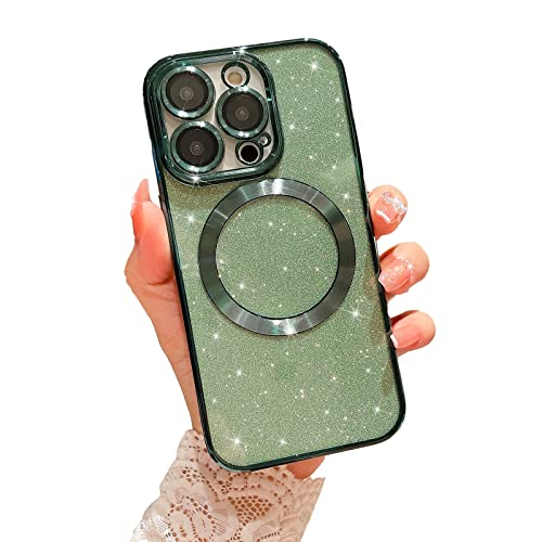 MGQILING Kompatibel mit iPhone 13 Pro Magnetische Glitzer Hülle, Luxus Plating Cute Bling Clear Phone Case, Kompatibel mit MagSafe für Frauen Mädchen mit Kameraschutz Rückabdeckung - Grün von MGQILING