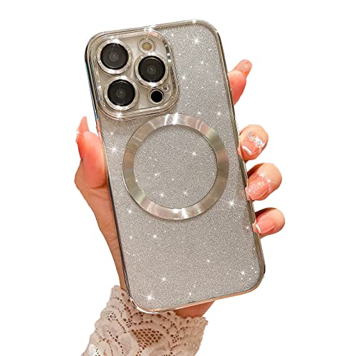 MGQILING Kompatibel mit iPhone 13 Pro Magnetische Glitzer Hülle, Luxus Plating Cute Bling Clear Phone Case, Kompatibel mit MagSafe für Frauen Mädchen mit Kameraschutz Rückabdeckung - Silber von MGQILING