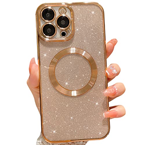 MGQILING Kompatibel mit iPhone 13 Pro Max Magnetische Glitzer Hülle, Luxus Plating Cute Bling Clear Phone Case, Kompatibel mit MagSafe für Frauen Mädchen mit Kameraschutz Back Cover - Gold von MGQILING