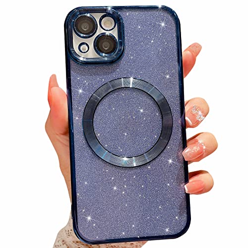 MGQILING Kompatibel mit iPhone 14 Magnetische Glitzer Hülle, Luxus Plating Cute Bling Clear Phone Case, Kompatibel mit MagSafe für Frauen Mädchen mit Kameraschutz Rückabdeckung - Blau von MGQILING