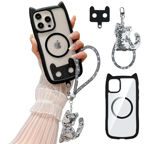 MGQILING Magnetische Schutzhülle für iPhone 15 Pro, süßes Katzenohr, transparente Hülle mit glitzerndem Diamant-Handyanhänger und funkelndem Katzenanhänger für Frauen und Mädchen, Schwarz von MGQILING