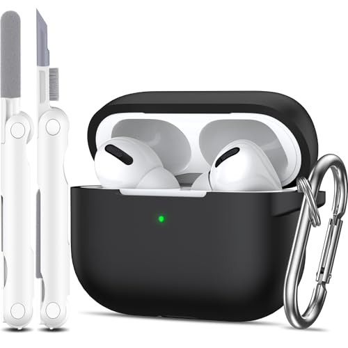 MHYALUDO Kompatibel mit AirPods Pro-Hülle, Anti-Fall-Schutz aus weichem Silikon, stoßdämpfend, kompatibel mit AirPods Pro-Hülle, Skin Touch mit Schlüsselanhänger und Reinigungsset, Schwarz von MHYALUDO