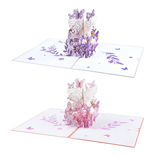 MIAHART 2 Pcs 3D Pop Up Karten Schmetterling Blume Pop Up Geburtstagskarte Pop Up Grußkarten Geschenkkarte für Valentinstag, Abschlussfeier, Jubiläum, Weihnachten, Muttertag, Vatertag (Pink, Lila) von MIAHART
