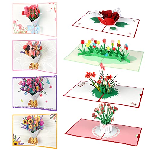MIAHART 8 Pcs 3D Pop Up Karte Blume Muttertag Grußkarten Liebeskarten Dankeskarten für Valentinstag, Hochzeit, Jubiläum, Lehrertag, Geburtstag von MIAHART