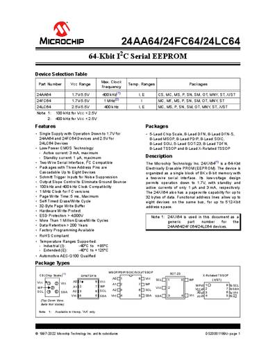 Microchip Technology 24LC64T-I/SN Speicher-IC SOIC-8 EEPROM 64 kBit 8 K x 8 Tape on Full reel von MICROCHIP TECHNOLOGY