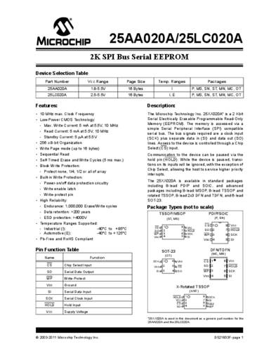 Microchip Technology 25LC020A-I/P Speicher-IC DIP-8 EEPROM 2 kBit 256 x 8 Tube von MICROCHIP TECHNOLOGY