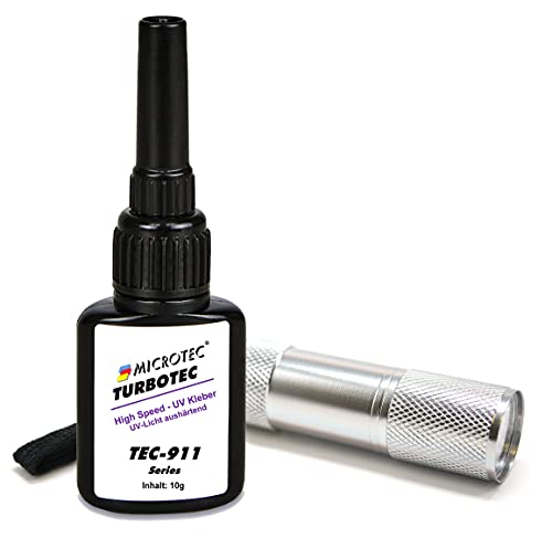 Microtec® Turbotec 911 UV-Kleber | 10g | mit UV-Taschenlampe | High-Speed UV-Kleber - Aushärtung in wenigen Sekunden | lichthärtender und transparenter Klebstoff | Qualitätsprodukt aus Deutschland von MICROTEC