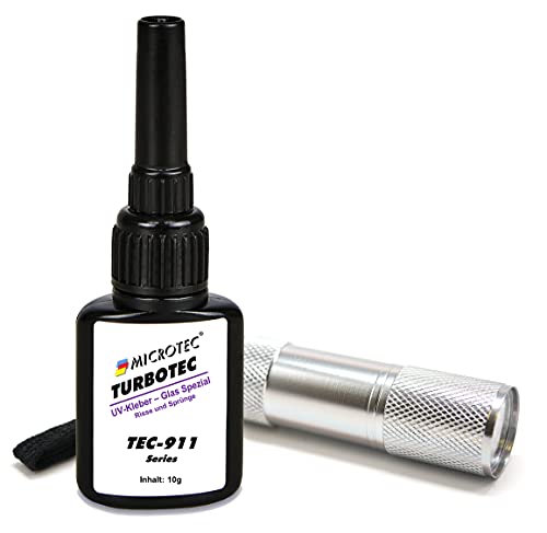 Microtec® Turbotec 911 dünnflüssiger UV-Kleber | Ausbesserung von Rissen und Sprüngen | für Glas/Metall/Kunststoff | 10g | mit UV-Taschenlampe | lichthärtender und transparenter Klebstoff von MICROTEC