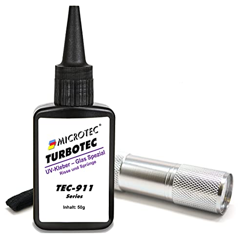 Microtec® Turbotec 911 dünnflüssiger UV-Kleber | Ausbesserung von Rissen und Sprüngen | für Glas/Metall/Kunststoff | 50g | mit UV-Taschenlampe | lichthärtender und transparenter Klebstoff von MICROTEC
