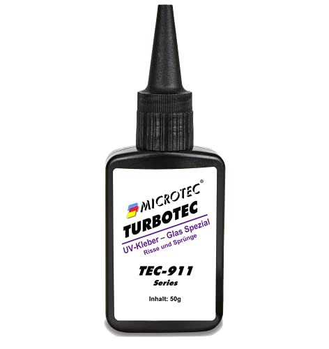 Microtec® Turbotec 911 dünnflüssiger UV-Kleber | Ausbesserung von Rissen und Sprüngen | für Glas/Metall/Kunststoff | 50g | ohne UV-Taschenlampe | lichthärtender und transparenter Klebstoff von MICROTEC