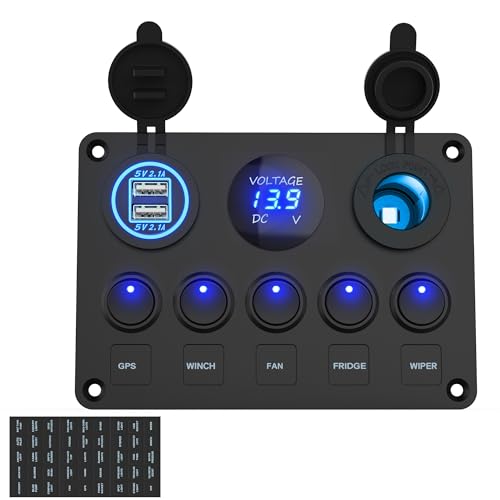 MICTUNING 5-polige Kippschalter Panel mit LED-Licht 12V/24V 4.2A Schalter Panel mit Dual-USB-Ladegerät Digital Voltmeter Zigarettenanzünder-Buchse für Wohnmobil KFZ Boot von MICTUNING