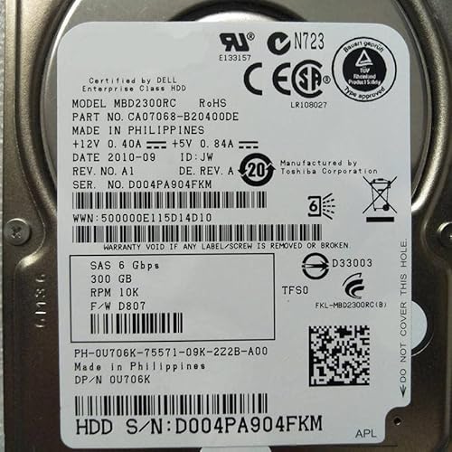 MIDTY HDD für 300 GB 2,5 Zoll SAS 6 Gb/s 32 MB 10000 U/min für interne HDD für Server HDD für 0U706K MBD2300RC von MIDTY