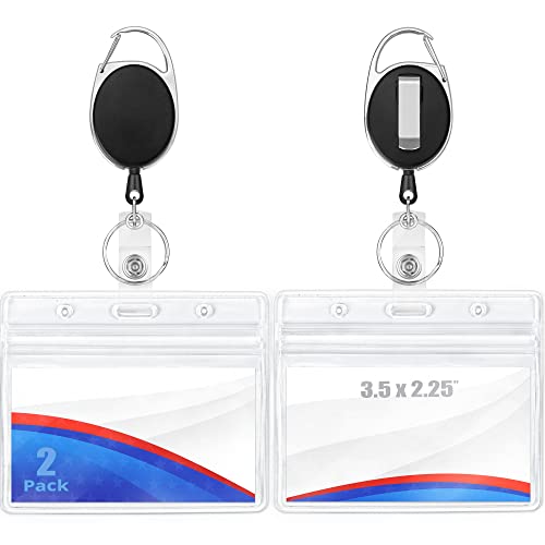 Mifflin Einziehbare Ausweisrollen mit durchsichtigen horizontalen ID-Namenskartenhaltern (90 x 60 mm, 2er-Pack), schwarze Rolle mit Karabinerclip und Gürtelhaken von MIFFLIN