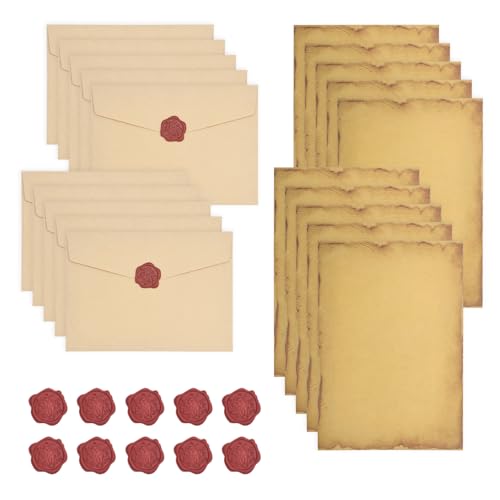 Briefpapier mit Umschlag Vintage Set,Set Vintage Schreiben mit 10 Briefumschläge, 16 Briefpapier Vintage A5 und 10 Wachssiegel-Aufkleber Briefpapier Edel Set für Hochzeits Einladung Grußkarten Briefpapier mit Umschlag Vintage Set,Set Vintage Schreiben mit 10 Briefumschläge, 16 Briefpapier Vintage A5 und 10 Wachssiegel-Aufkleber Briefpapier Edel Set für Hochzeits Einladung Grußkarten von MIHURO