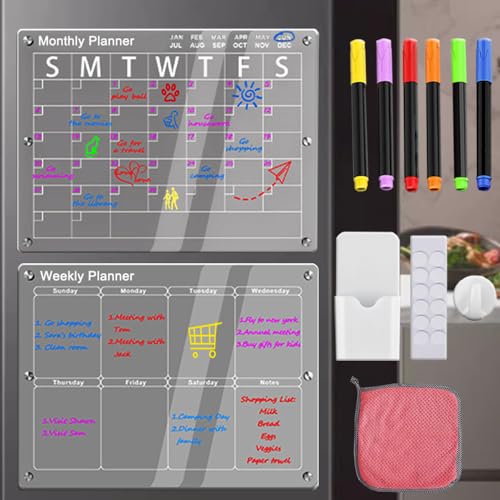 2 Stück Acryl Magnetische Kalender für Kühlschrank, (40x30cm) Klar Acrylic Wochenplaner Magnetisch Abwischbar Monatsplaner Menütafel Planungstafeln, mit 6 Farbigen Markern von MIHUTU