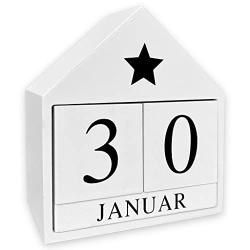 MIJOMA Ewiger Kalender aus Holz - Stilvoller Tischkalender, Kleines Deko Haus Würfelkalender, Dauerkalender in Weiß für Büro & Wohnraum, Holzkalender 13,5cm x 14cm x 6,5cm von MIJOMA