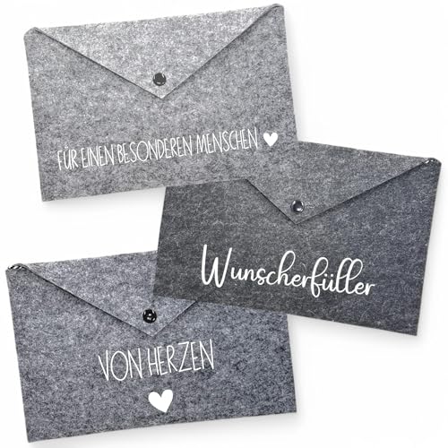 MIJOMA Geschenkumschläge aus Filz – 3er-Set Geldgeschenkverpackung mit Sprüchen – 100% Polyester – 25x16,5 cm – Umschläge mit Druckknopf & Trageband – Ideal für besondere Anlässe von MIJOMA