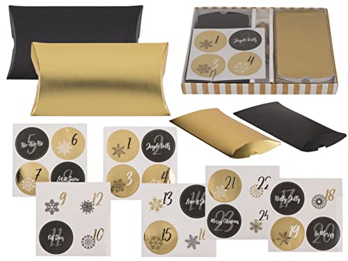 Set Adventskalender zum Selberfüllen Selbstbefüllen DIY-Adventskalender zum Basteln & Befüllen mit 24 Kissenschachteln ca.12,5x7x1,5cm, 24 Zahlensticker und 3,6m Juteschnur (Gold-Schwarz) von MIJOMA