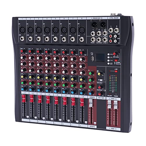 Audio Mixer Professioneller,8 Kanal Stereo Sound Mischpult,Soundboard Konsole mit USB MP3 Bluetooth Eingang 48V Phantomspeisung für Aufnahme DJ Bühne Musik Anwendung von MIKIYUEER
