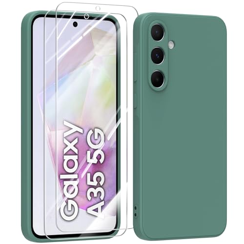MIKULLE HandyHülle für Samsung Galaxy A35 5G Hülle + 2 Stück Schutzfolie, Schutzhülle mit Samsung Galaxy A35 5G Hülle dünn Weiche Silikon Rundumschutz (6.6") - Dunkelgrün von MIKULLE