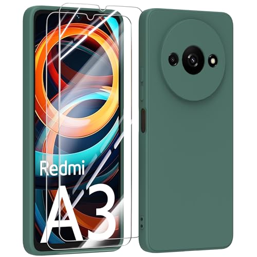 MIKULLE HandyHülle für Xiaomi Redmi A3 4G Hülle + 2 Stück Schutzfolie, Schutzhülle mit Xiaomi Redmi A3 4G Hülle dünn Weiche Silikon Rundumschutz für Xiaomi Redmi A3 4G (6.71") - Dunkelgrün von MIKULLE