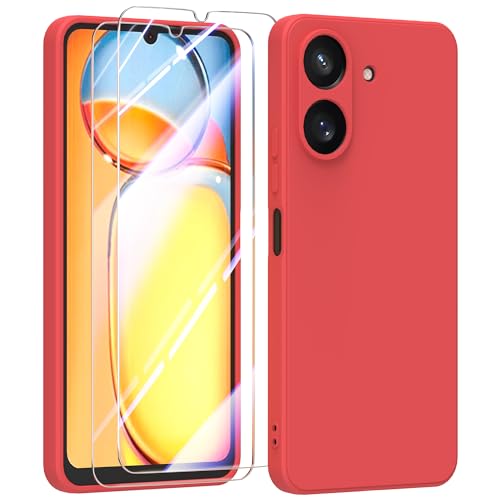 MIKULLE Hülle für Xiaomi Redmi 13C 4G HandyHülle + 2 Stück Schutzfolie,Dünn Weiche Liquid Silikon TPU Stoßfeste Schutzhülle mit Microfiber Case - Rot von MIKULLE