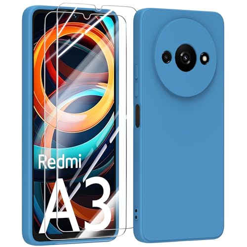 MIKULLE Hülle für Xiaomi Redmi A3 4G HandyHülle + 2 Stück Schutzfolie,Dünn Weiche Liquid Silikon TPU Stoßfeste Schutzhülle mit Microfiber Case - Blau von MIKULLE