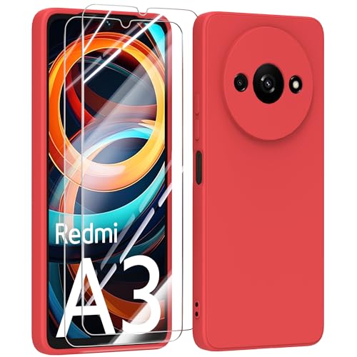 MIKULLE Hülle für Xiaomi Redmi A3 4G HandyHülle + 2 Stück Schutzfolie,Dünn Weiche Liquid Silikon TPU Stoßfeste Schutzhülle mit Microfiber Case - Rot von MIKULLE