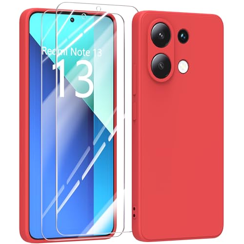 MIKULLE Hülle für Xiaomi Redmi Note 13 4G HandyHülle + 2 Stück Schutzfolie,Dünn Weiche Liquid Silikon TPU Stoßfeste Schutzhülle mit Microfiber Case - Rot von MIKULLE