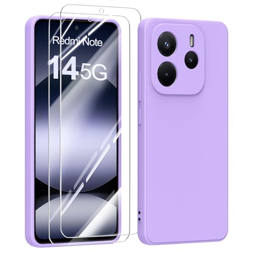 MIKULLE Hülle für Xiaomi Redmi Note 14 5G HandyHülle + 2 Stück Schutzfolie,Dünn Weiche Liquid Silikon TPU Stoßfeste Schutzhülle mit Microfiber Case - Lila von MIKULLE