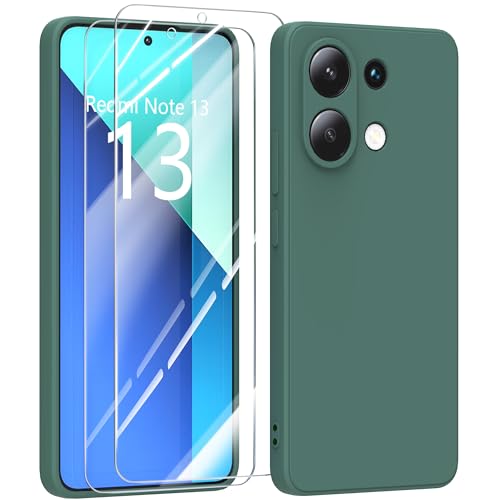 MIKULLE Hülle für Xiaomi Redmi Note 13 4G HandyHülle + 2 Stück Schutzfolie,Dünn Weiche Liquid Silikon TPU Stoßfeste Schutzhülle mit Microfiber Case - Dunkelgrün von MIKULLE