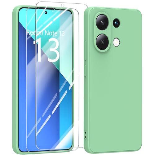 MIKULLE Hülle für Xiaomi Redmi Note 13 4G HandyHülle + 2 Stück Schutzfolie,Dünn Weiche Liquid Silikon TPU Stoßfeste Schutzhülle mit Microfiber Case - Grün von MIKULLE