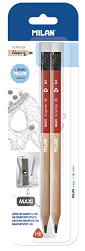Blister 2 Graphitstifte HB MAXI mit Radiergummi + 1 Spitzer MAXI von MILAN