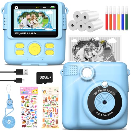 KinderKamera, MILFECH 1080P 2,4 Zoll Bildschirm Sofortbildkamera DigitalKamera Fotokamera mit 5 Rollen Druckpapier,32GB Karte, 6 Farbigen Stiften,2 Aufkleber Geschenk für Kinder 3-12 Jahren(Blau) von MILFECH