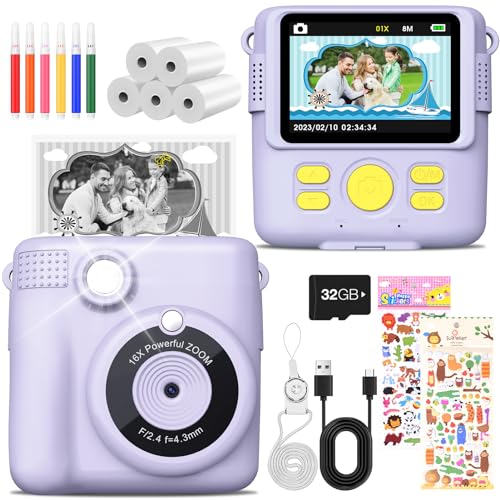 MILFECH Kinderkamera Sofortbildkamera, 1080P 2,4 Zoll Bildschirm DigitalKamera Kinder mit 5 Rollen Druckpapier,32GB Karte, Fotokamera mit 6 Farbigen Stiften,2 Aufkleber Geschenk für Kinder (Lila) von MILFECH
