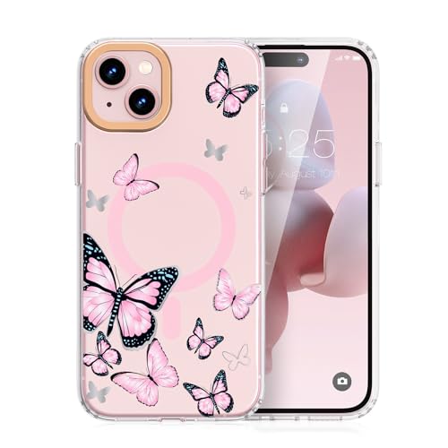 MILPROX Kompatibel mit iPhone 15 Hülle - Kompatibel mit MagSafe - Niedliche Schmetterlinge Blumenmuster mit Mädchen/Frauen - Magnetische schlanke Schutzhülle - 6,1 Zoll 2023 (Schmetterling) von MILPROX