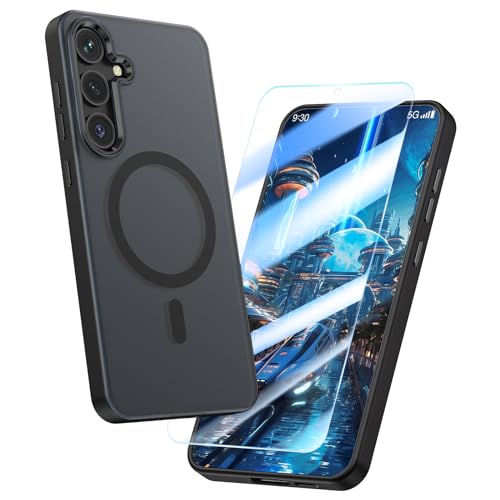 MILPROX Magnetische Hülle für Samsung Galaxy S24 Plus, 【Kostenlose Displayschutzfolie】 【Kompatibel mit MagSafe】 Metallrahmenlinse & Taste durchscheinende matte Rückseite, Schutzhülle (Schwarz) von MILPROX