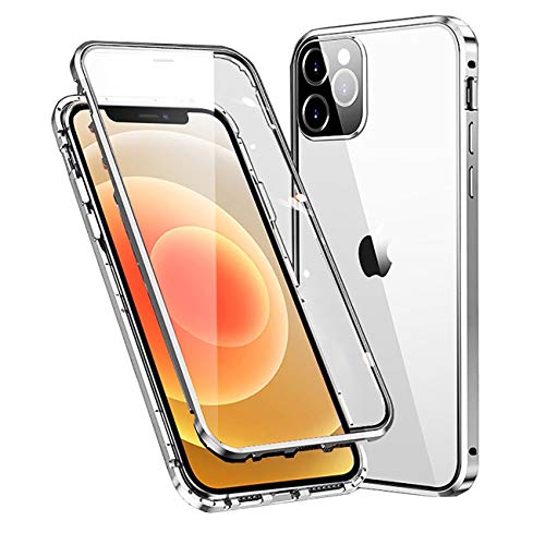 Hülle für Apple iPhone 12 Pro Hülle,Magnetische Adsorption Metallrahmen 360 Grad Full Body Handyhülle Vorne hinten Gehärtetes Glas Schutzhülle Einteiliges Ultra Dünn Flip Transparente Cover,Silber von MIMGOAL