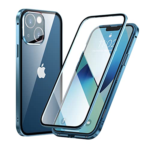MIMGOAL 360 Grad Hülle für iPhone 13, Magnetische Adsorption Metallrahmen Ganzkörper Schutzhülle, Vorne hinten Gehärtetes Glas Transparent Full Case Dünn Handyhülle, Blau von MIMGOAL