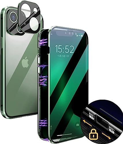 MIMGOAL 360 Grad Hülle für iPhone 13, Magnetische Adsorption Metallrahmen Ganzkörper Schutzhülle, Vorne hinten Gehärtetes Glas Transparent Full Case Dünn Handyhülle, Grün von MIMGOAL