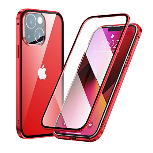 MIMGOAL 360 Grad Hülle für iPhone 13, Magnetische Adsorption Metallrahmen Ganzkörper Schutzhülle, Vorne hinten Gehärtetes Glas Transparent Full Case Dünn Handyhülle, Rot von MIMGOAL