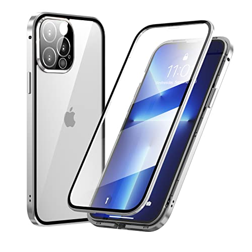 MIMGOAL 360 Grad Hülle für iPhone 13 Pro, Magnetische Adsorption Metallrahmen Ganzkörper Schutzhülle, Vorne hinten Gehärtetes Glas Transparent Full Case Dünn Handyhülle, Silber von MIMGOAL