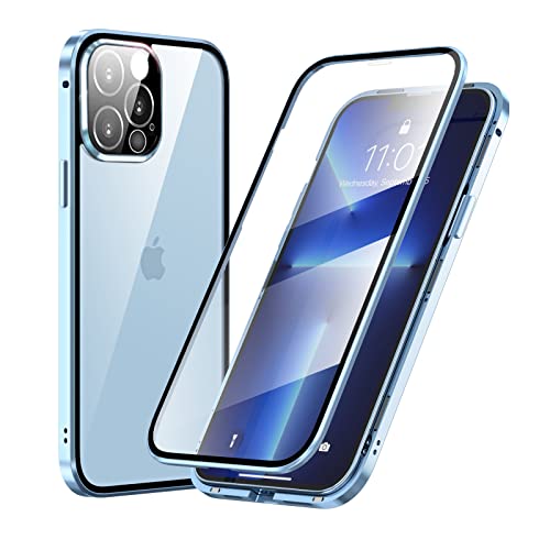MIMGOAL 360 Grad Hülle für iPhone 13 Pro Max, Magnetische Adsorption Metallrahmen Ganzkörper Schutzhülle, Vorne hinten Gehärtetes Glas Transparent Full Case Dünn Handyhülle, Blau von MIMGOAL