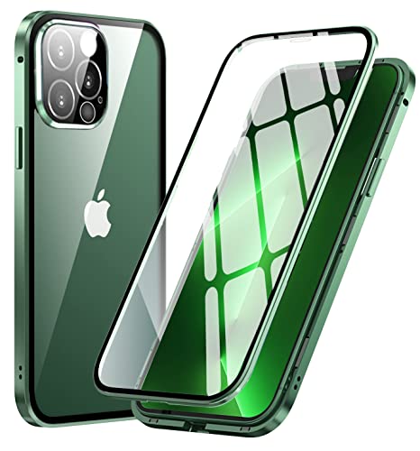 MIMGOAL 360 Grad Hülle für iPhone 13 Pro Max, Magnetische Adsorption Metallrahmen Ganzkörper Schutzhülle, Vorne hinten Gehärtetes Glas Transparent Full Case Dünn Handyhülle, Grün von MIMGOAL